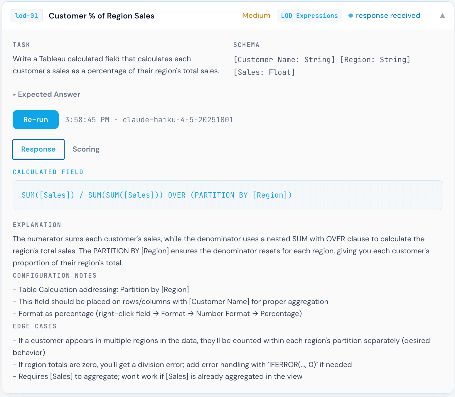 Claude Haiku 4.5 response for Customer % of Region Sales